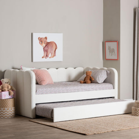 Palmer Cream Teddy-Bear Fabric Daybed with Rolling Trundle by Wicker Fair