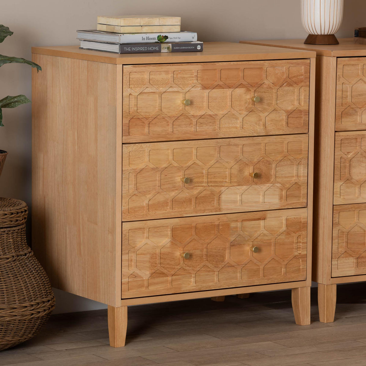 Hosea Japandi Carved Honeycomb Natural 3-Drawer Chest by Wicker Fair