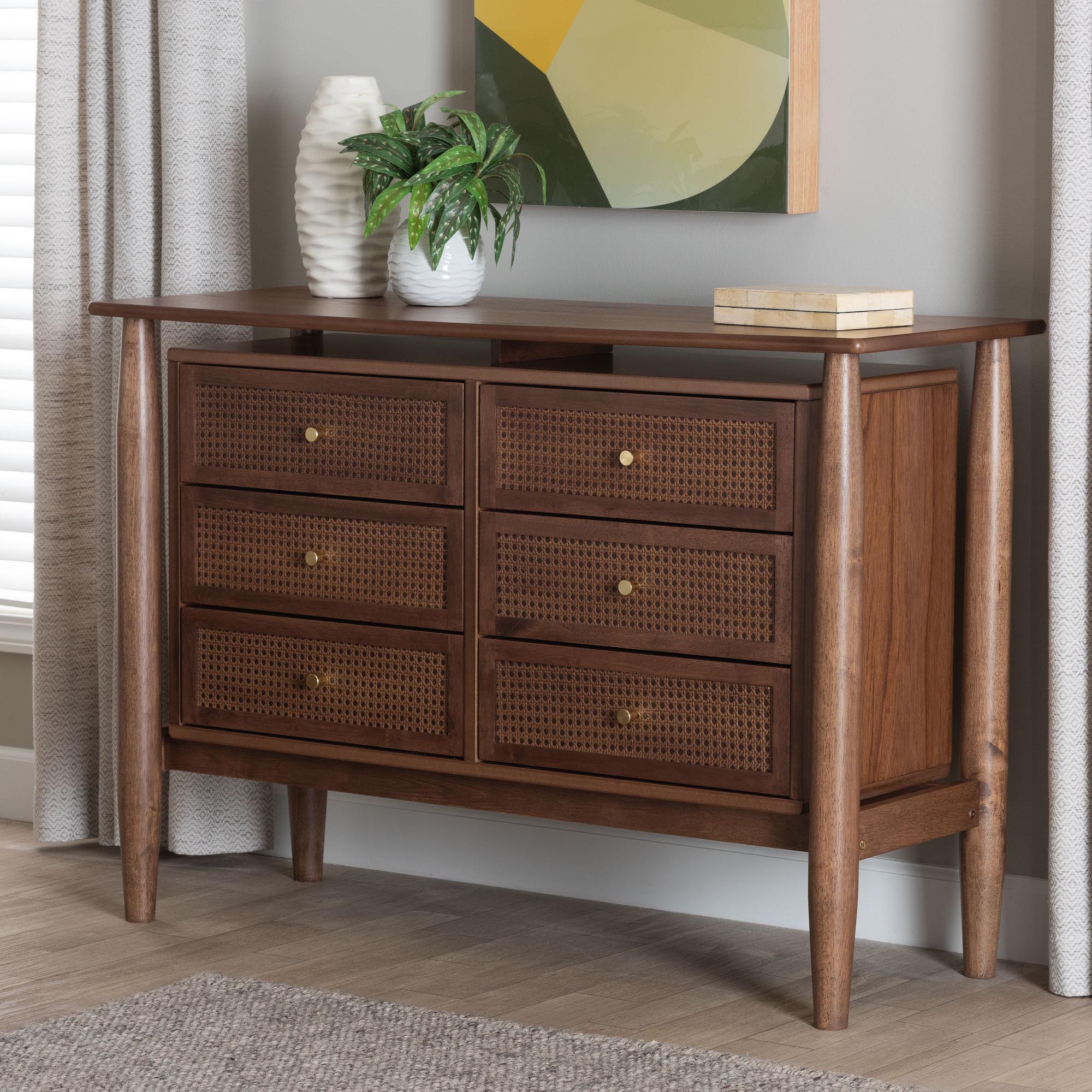 Alyssa Japandi 6-Drawer Dresser – Walnut Brown Wood – AmericanRattan