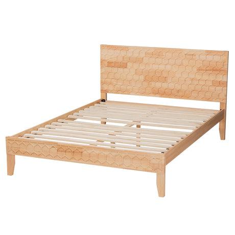 Hosea Japandi Carved Honeycomb Natural Queen Size Platform Bed by Wicker Fair