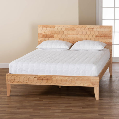 Hosea Japandi Carved Honeycomb Natural Queen Size Platform Bed by Wicker Fair