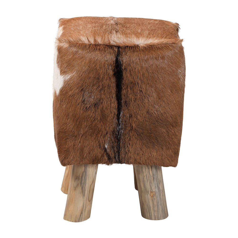 Scotlyn Genuine Goat Leather Footstool with Teak Wood Legs by Wicker Fair