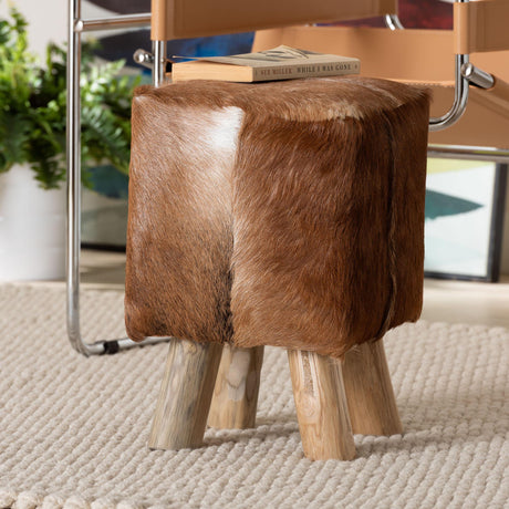 Scotlyn Genuine Goat Leather Footstool with Teak Wood Legs by Wicker Fair
