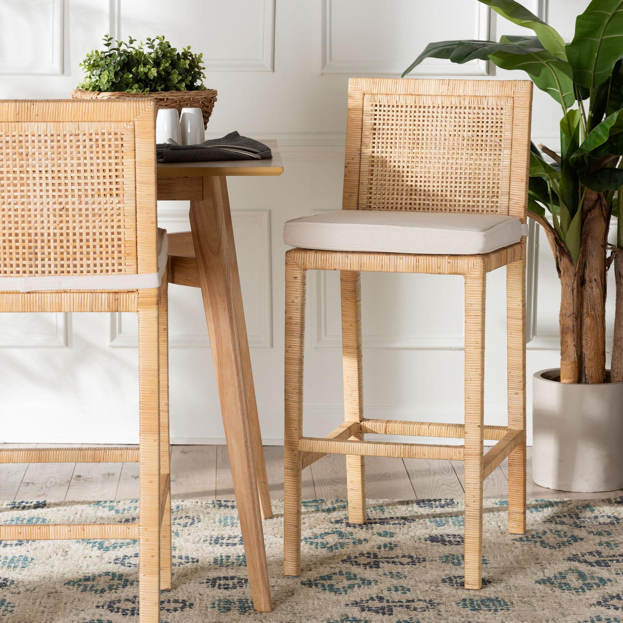 Lofia Bohemian Natural Rattan Bar Stool by Wicker Fair