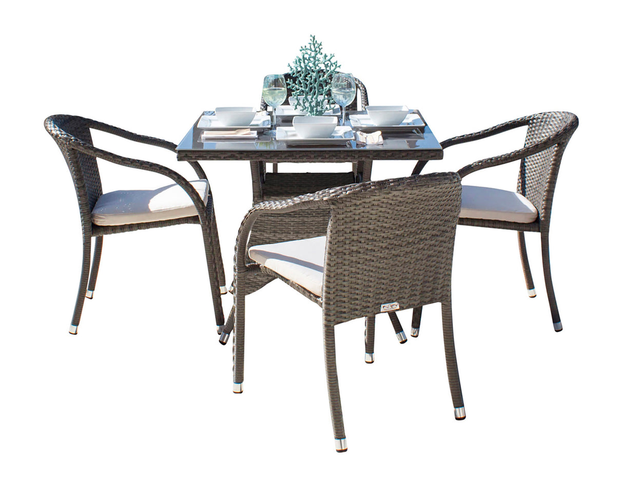 Spectrum Outdoor 5-Piece Stackable Woven Armchair Dining Set with Cushions Model 890-1147-GRY-5DA-CUSH by Pelican Reef