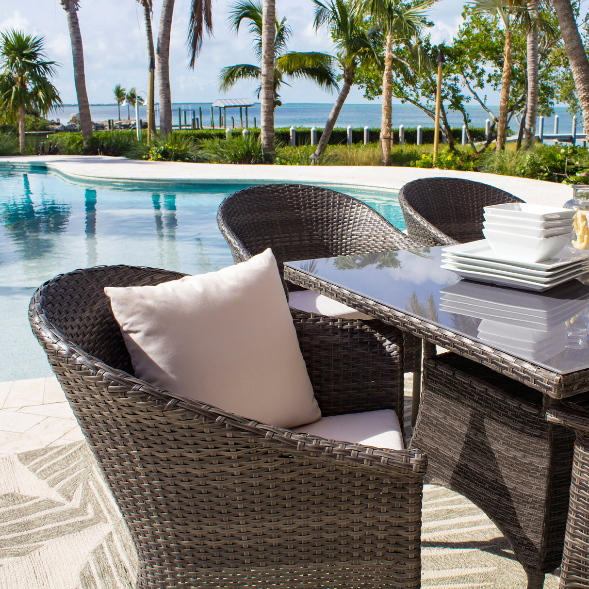 Spectrum Outdoor 7-Piece Woven Armchair Dining Set with Cushions Model 890-1130-GRY-7DA-CUSH by Pelican Reef