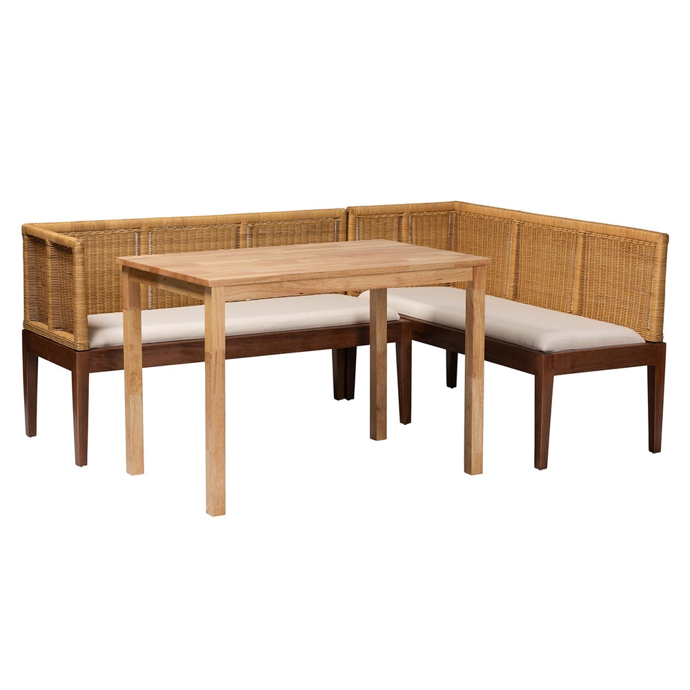 Tabanan Wicker Fair Rattan and Acacia Wood 3-Piece Dining Nook Banquette Set