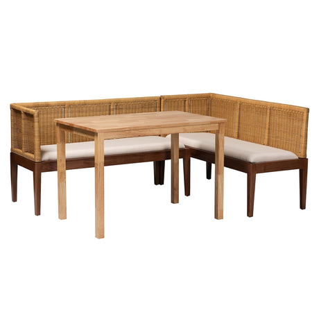 Tabanan Wicker Fair Rattan and Acacia Wood 3-Piece Dining Nook Banquette Set