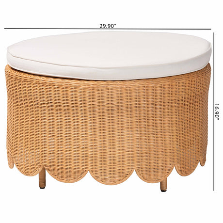 Raisa Bohemian Light Honey Scalloped Rattan Ottoman by Wicker Fair