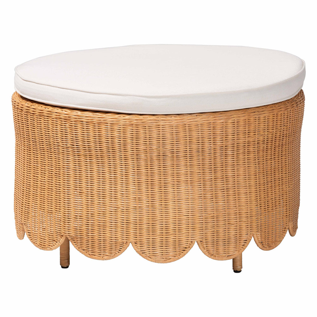 Raisa Bohemian Light Honey Scalloped Rattan Ottoman by Wicker Fair