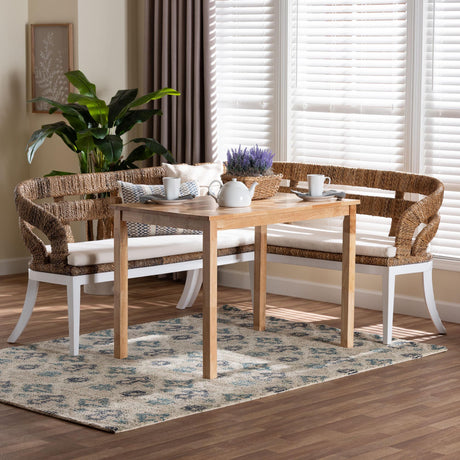 Ubud Seagrass Dining Nook Set with Wood Table, Cushioned L-Shaped Bench and Chairs by Wicker Fair