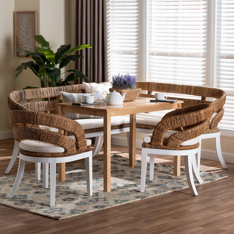 Ubud Seagrass Dining Nook Set with Wood Table, Cushioned L-Shaped Bench and Chairs by Wicker Fair