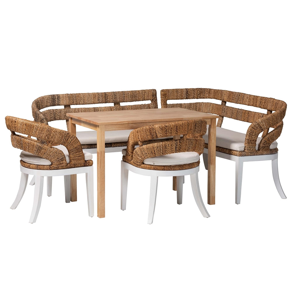 Ubud Seagrass Dining Nook Set with Wood Table, Cushioned L-Shaped Bench and Chairs by Wicker Fair