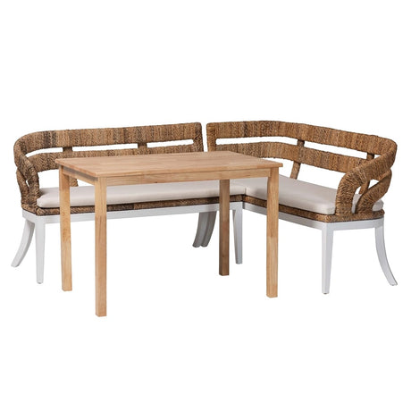 Ubud Seagrass Dining Nook Set with Wood Dining Table and Cushioned L-Shaped Bench by Wicker Fair