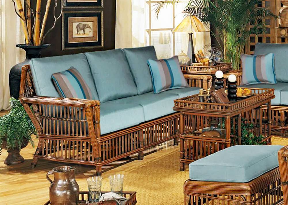 Williamsburg Rattan Sofa and Coffee Table 2 Pc Set by Designer Wicker Tribor – Choice of Cushions Made in the USA