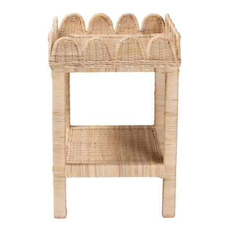 Rumana Bohemian Scallop Natural Rattan and Mahogany Side Table by Wicker Fair