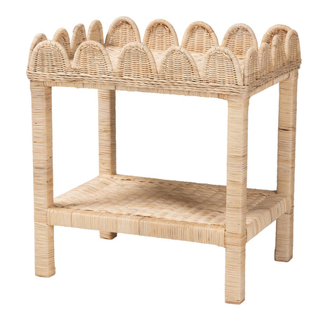 Rumana Bohemian Scallop Natural Rattan and Mahogany Side Table by Wicker Fair