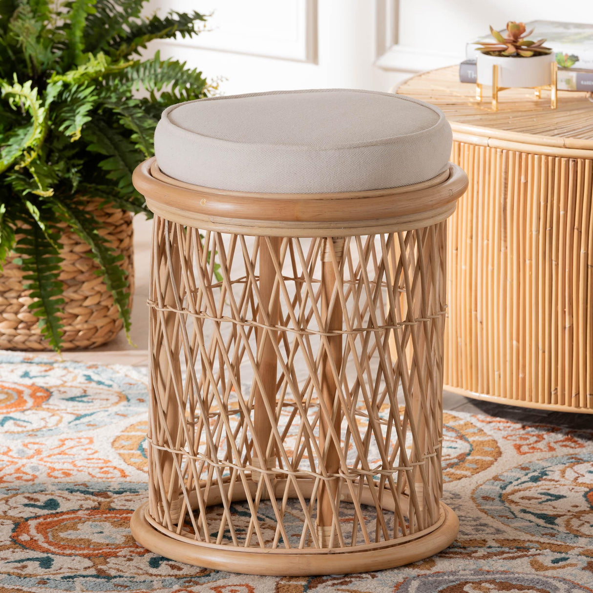 Laisa Bohemian Natural Rattan Ottoman Footstool by Wicker Fair