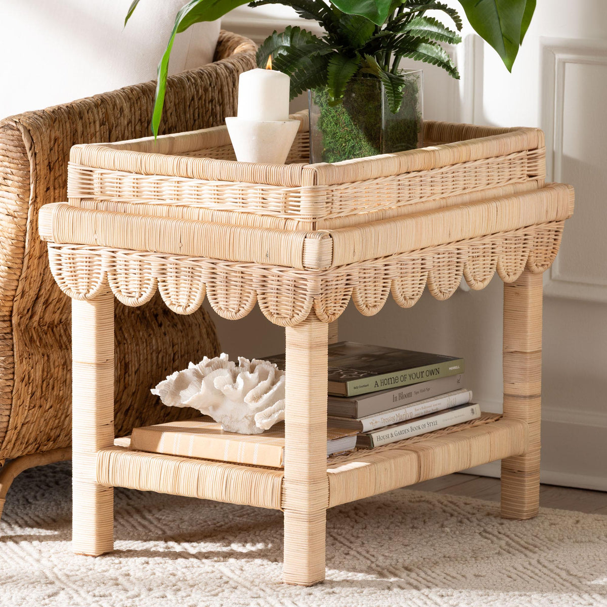 Aurora Scalloped Rattan End Table with Removable Tray Top by Wicker ...