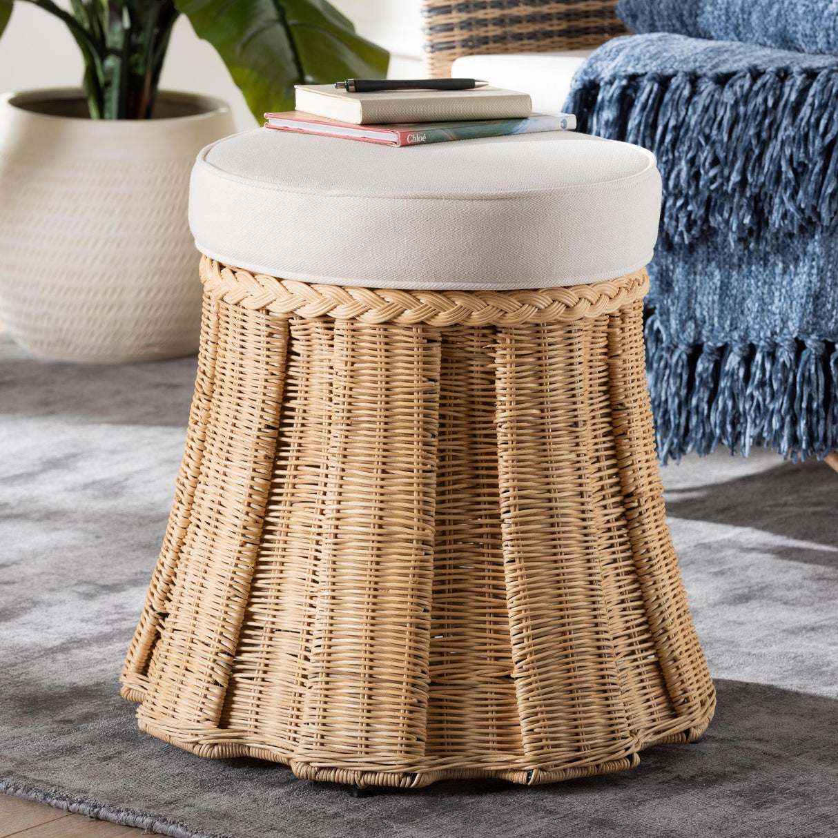 Shanghai Round Natural Rattan Ottoman with Cushion By Wicker Fair
