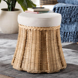 Shanghai Round Natural Rattan Ottoman with Cushion By Wicker Fair