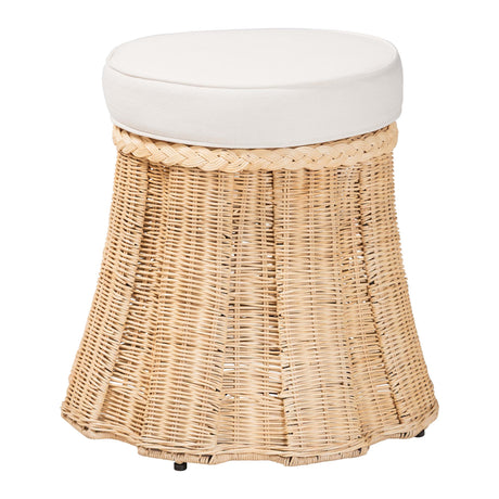 Shanghai Round Natural Rattan Ottoman with Cushion By Wicker Fair