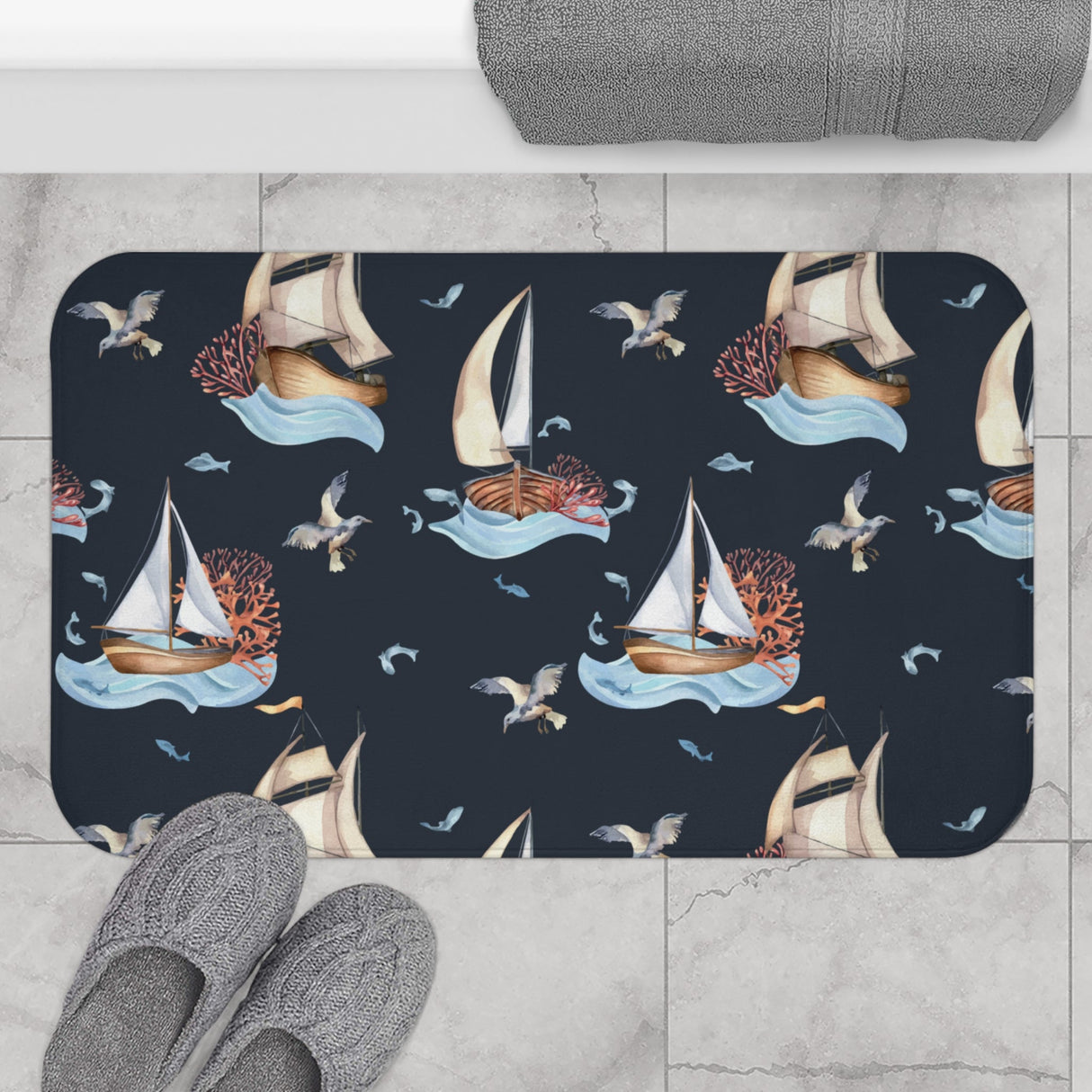 Black Sailboat Bath Mat