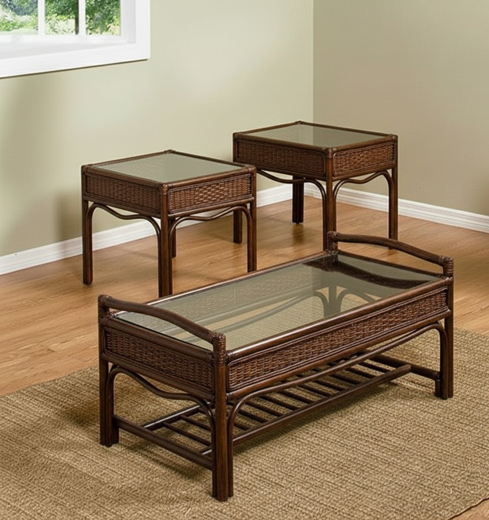 Captiva Rattan 3 Pc Table Set with 1 Coffee Table and 2 End Tables Set in Antique Finish by Stanley Chair Model EC-2-ant