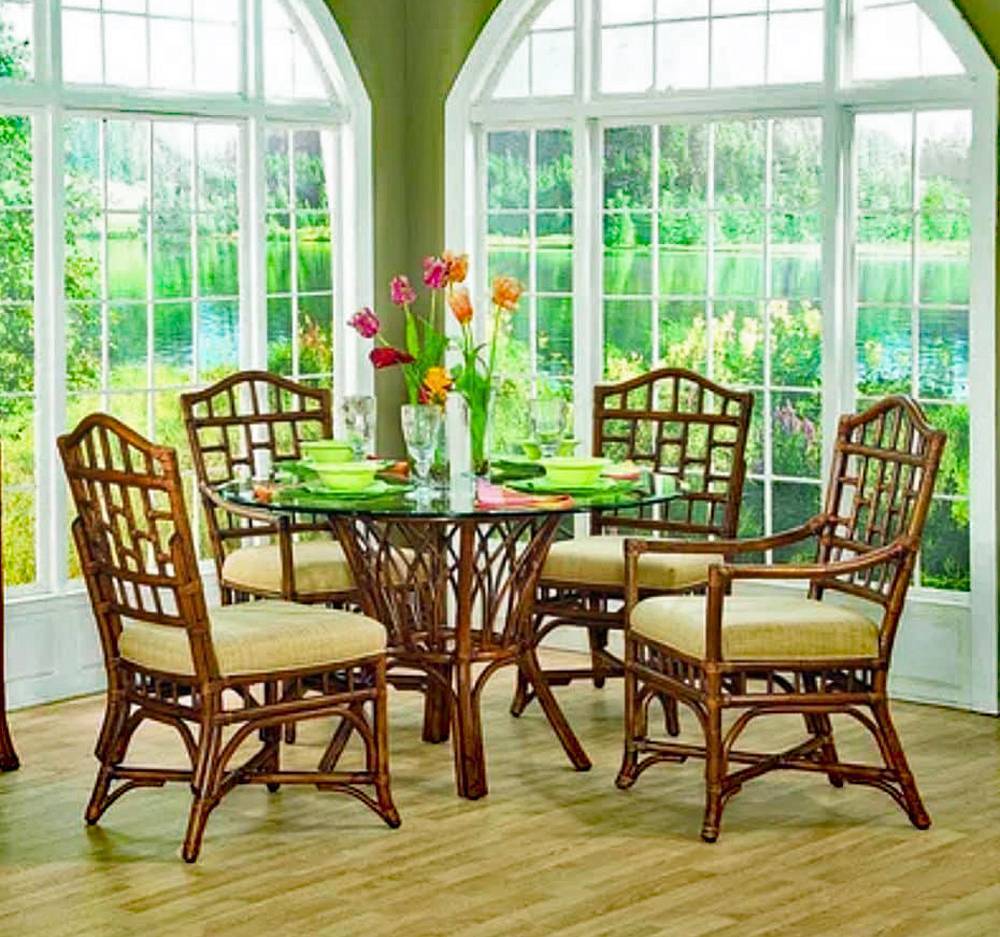 Chippendale Rattan Wicker 6 Pc Dining Set w/ 48 Inch Round Wood Top by Braxton Culler