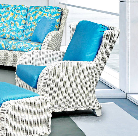 Clarissa White Rattan 2 Pc Living Room Set with Lounge Chair and Ottoman by Designer Wicker Tribor – Choice of Cushions Made in the USA