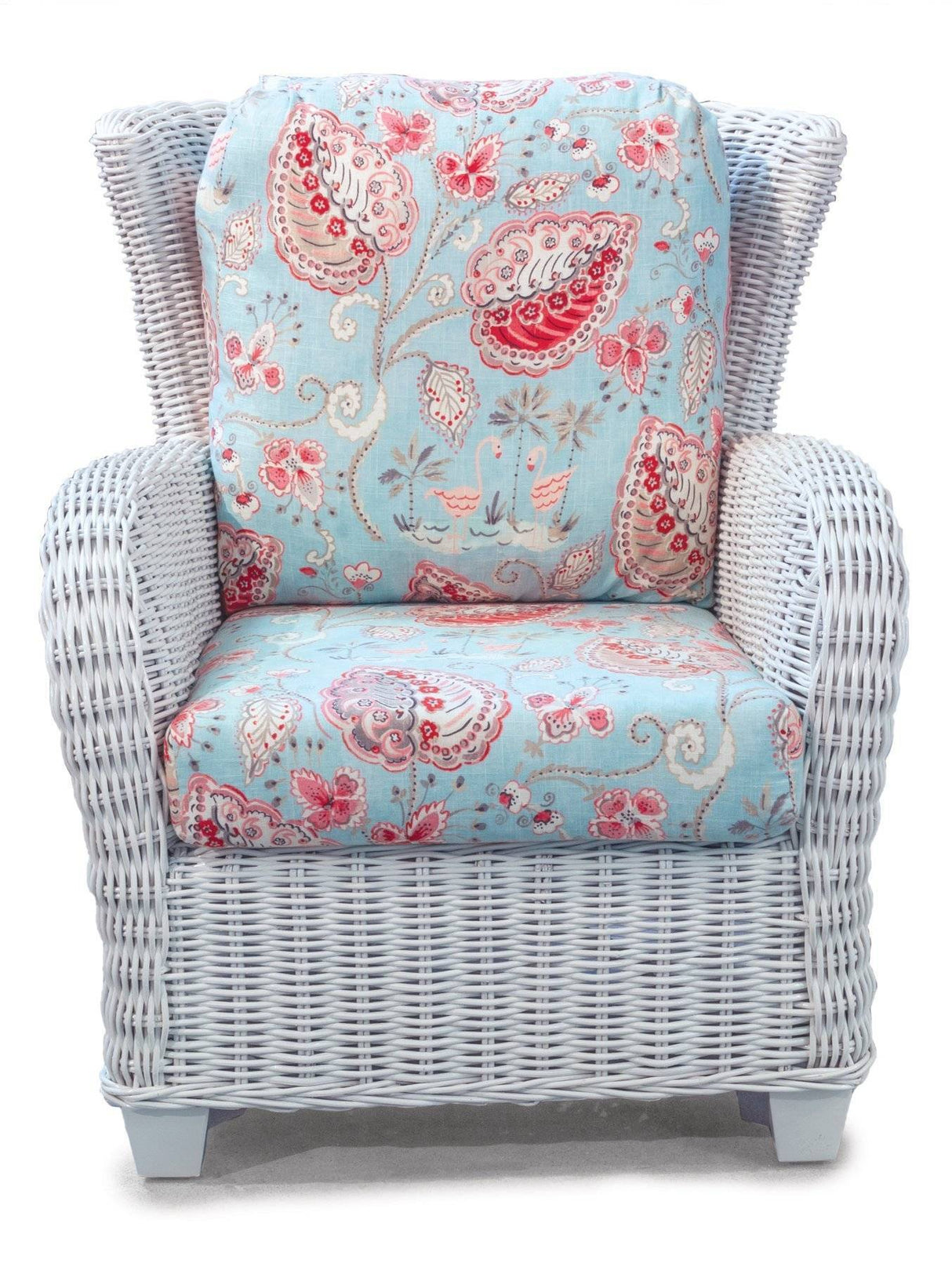 Clarissa White Rattan 2 Pc Living Room Set with Lounge Chair and Ottoman by Designer Wicker Tribor – Choice of Cushions Made in the USA