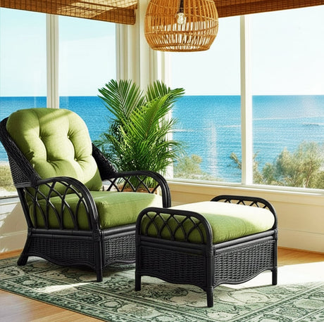 Everglade Black Rattan Ottoman Model 905-009 Made in the USA by Braxton Culler