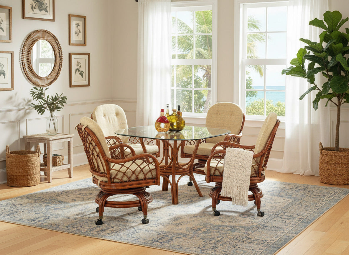Grand Isle Rattan 6 Pc Swivel-Rock Caster Dining Set Made in the USA by Classic Rattan