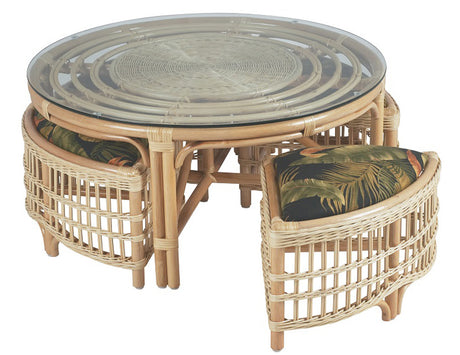 Captiva Rattan and Wicker Hassock Table with 4 Stools by Stanley Chair Model CB-2