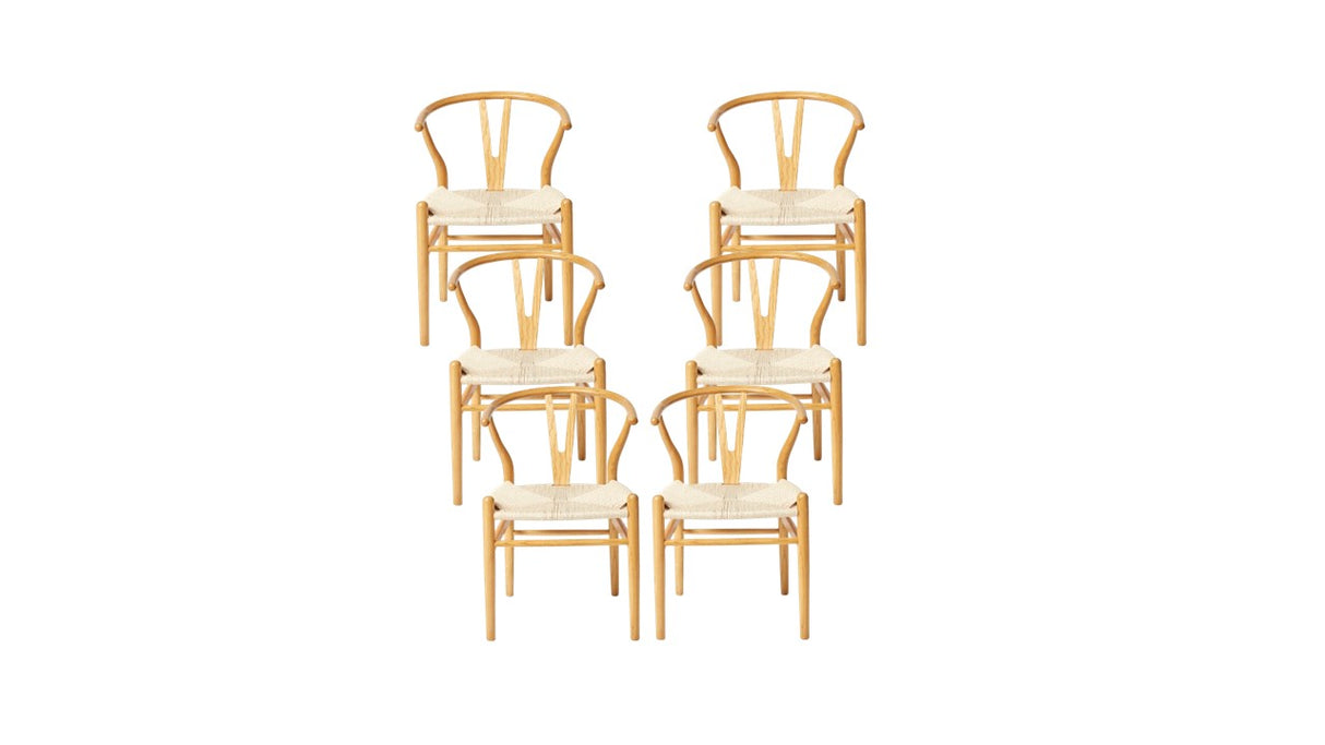 Wicker Fair Set of 6 Wishbone Dining Chairs made of Elm Wood and Cane