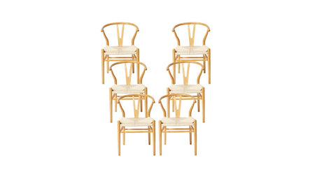 Wicker Fair Set of 6 Wishbone Dining Chairs made of Elm Wood and Cane