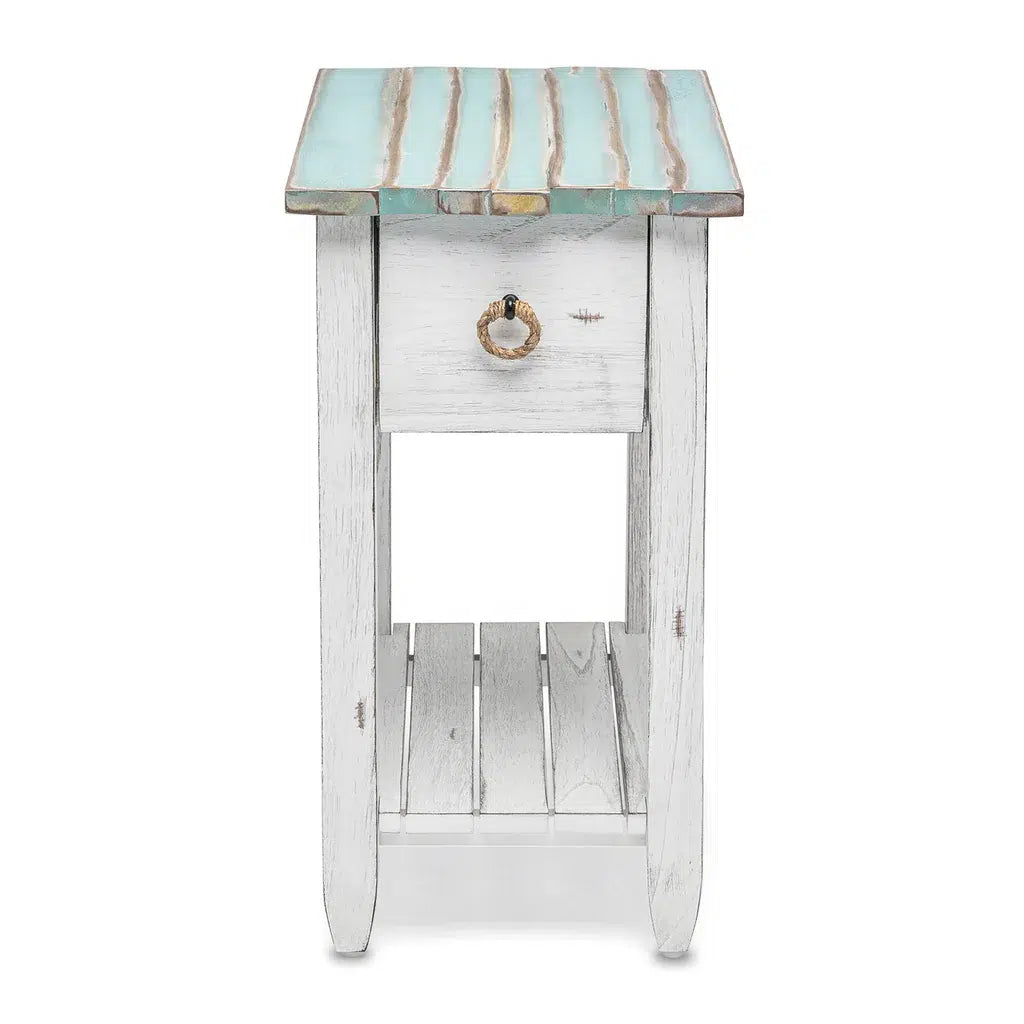 Picket Fence Coastal Distressed Bleu Chairside Table Model B78205-DBLEU/WH By Seawinds Trading