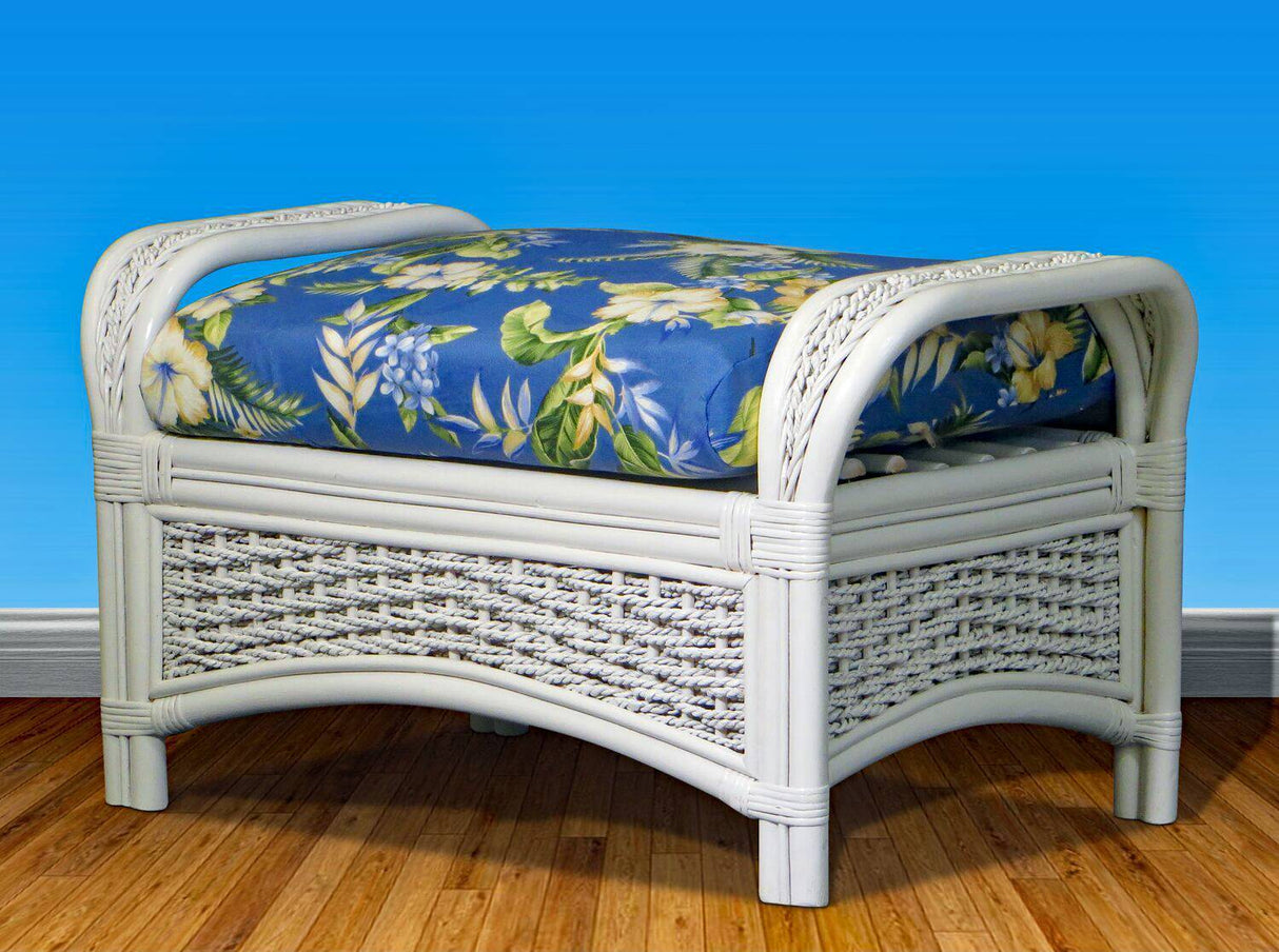 Ships Wheel Coastal White Rattan Ottoman Model RO by Wicker Fair
