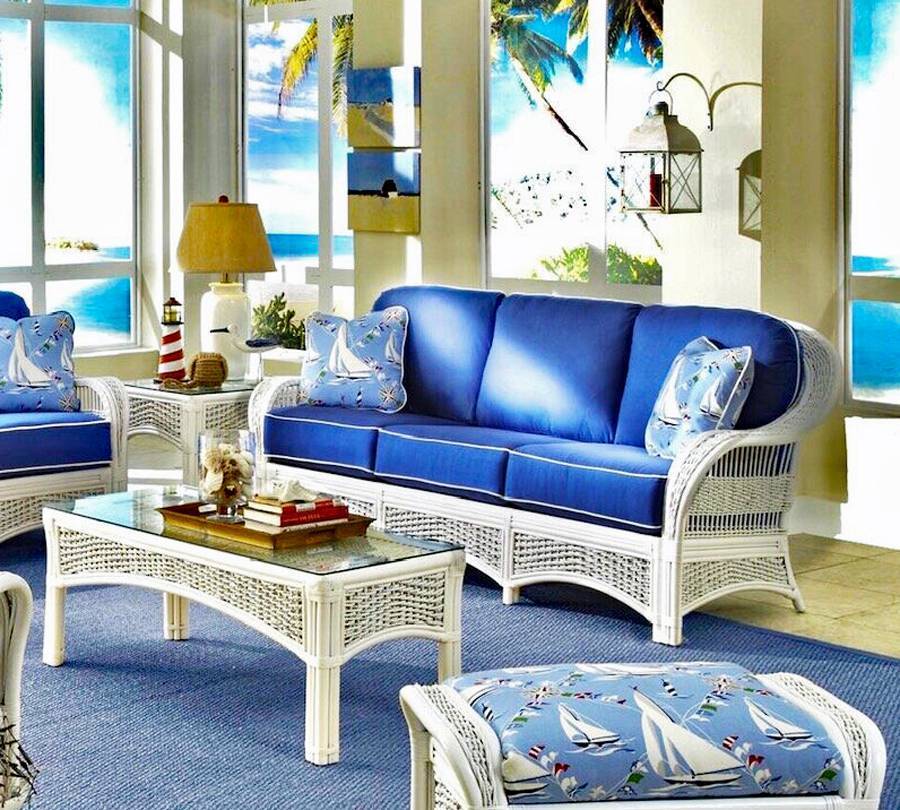 Regatta 2 Pc Coastal White Rattan Sofa and Coffee Table Set Model R-W-CT-ET from Spice Island Wicker – Choice of Cushions Made in the USA