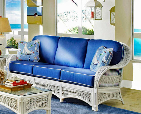 Regatta 2 Pc Coastal White Rattan Sofa and Coffee Table Set Model R-W-CT-ET from Spice Island Wicker – Choice of Cushions Made in the USA