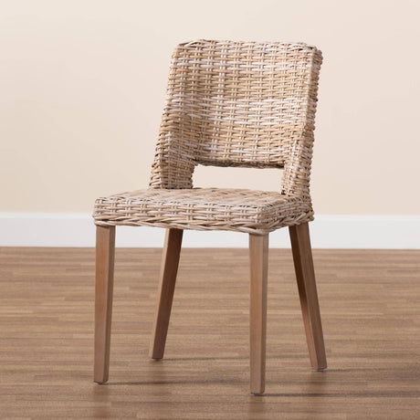 Magy Modern Wicker Fair Grey Rattan and Natural Brown Finished Wood Dining Chair