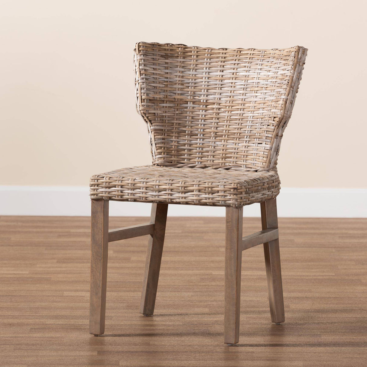 Enver Modern Wicker Fair Grey Rattan and Brown Wood Dining Chair