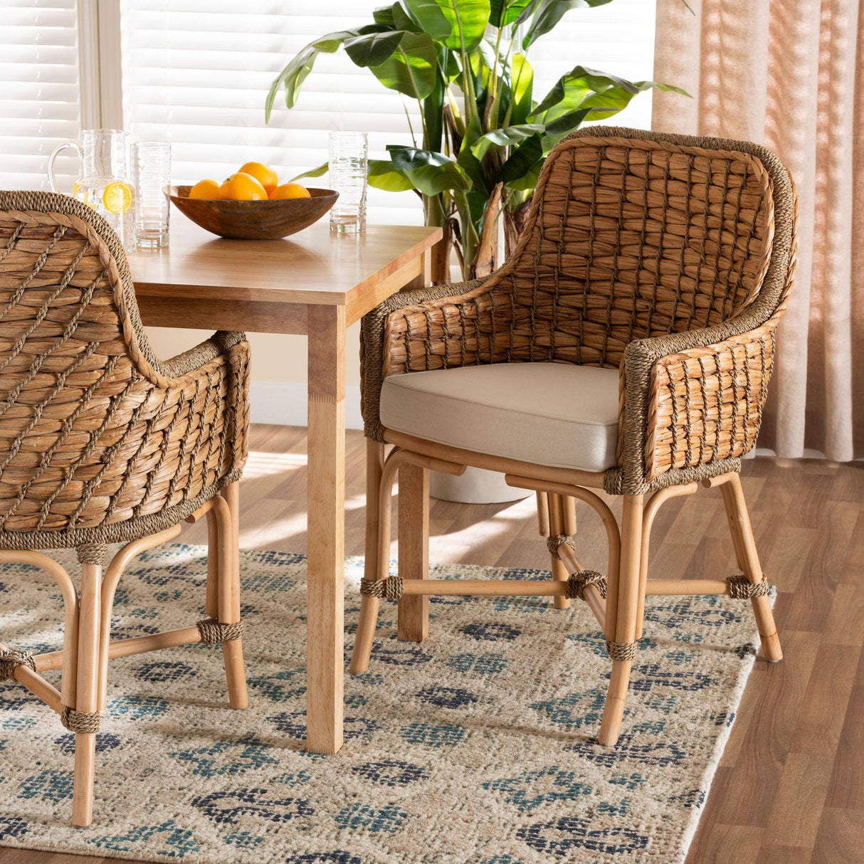 Kyle Modern Wicker Fair Natural Brown Woven Rattan Dining Arm Chair with Cushion