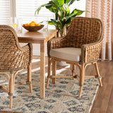 Kyle Modern Wicker Fair Natural Brown Woven Rattan Dining Arm Chair with Cushion