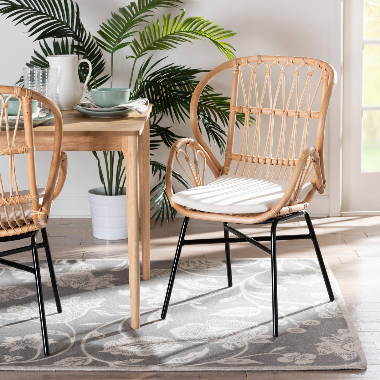 Caelia Modern Wicker Fair Natural Brown Rattan and Black Metal Chair