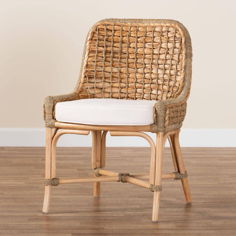 Kyle Modern Wicker Fair Natural Brown Woven Rattan Dining Side Chair With Cushion