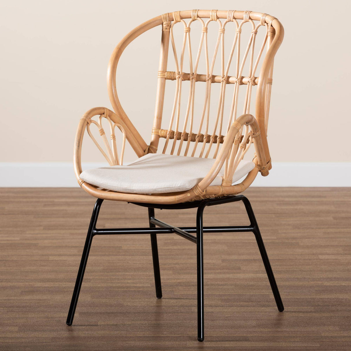 Caelia Modern Wicker Fair Natural Brown Rattan and Black Metal Chair