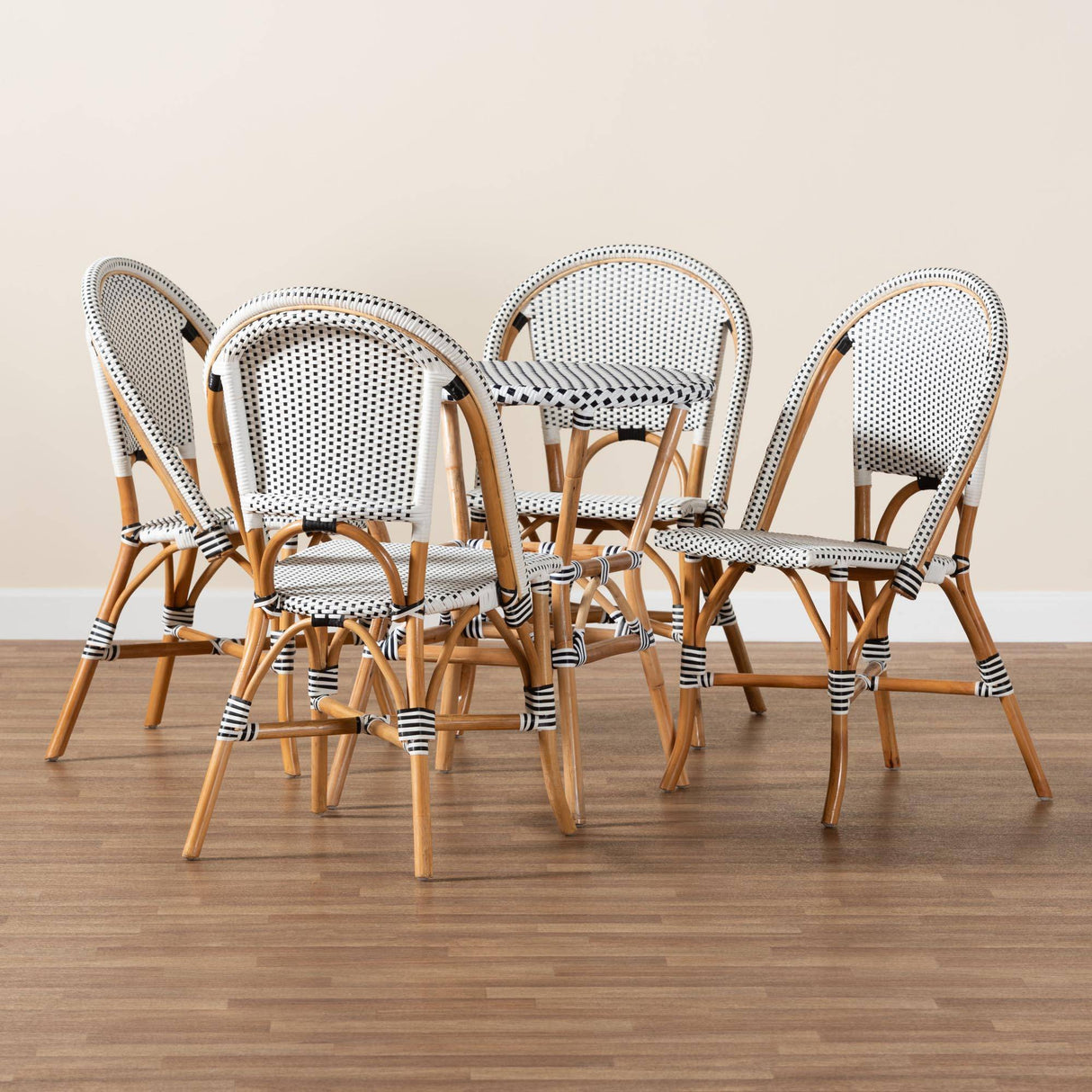 Genica Classic French Black and White Weaving and Natural Brown Rattan 5-Piece Indoor and Outdoor Bistro Set