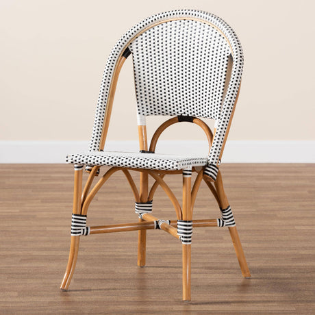 Genica Classic French Black and White Weaving and Natural Brown Rattan Indoor and Outdoor Bistro Chair