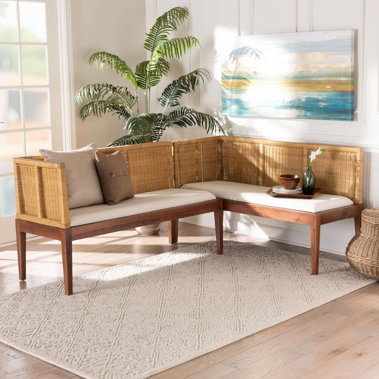 Royal Acacia Wood and Rattan Wicker Fair 2 Pc Dining Nook Bench Set
